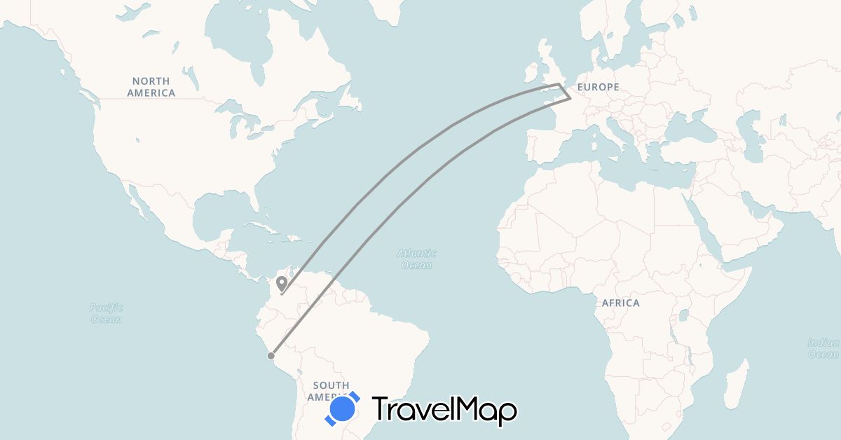 TravelMap itinerary: plane in Colombia, France, Peru (Europe, South America)